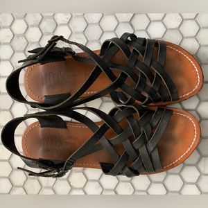 Cuir Veritable French Black Leather Sandals, Women Size 40